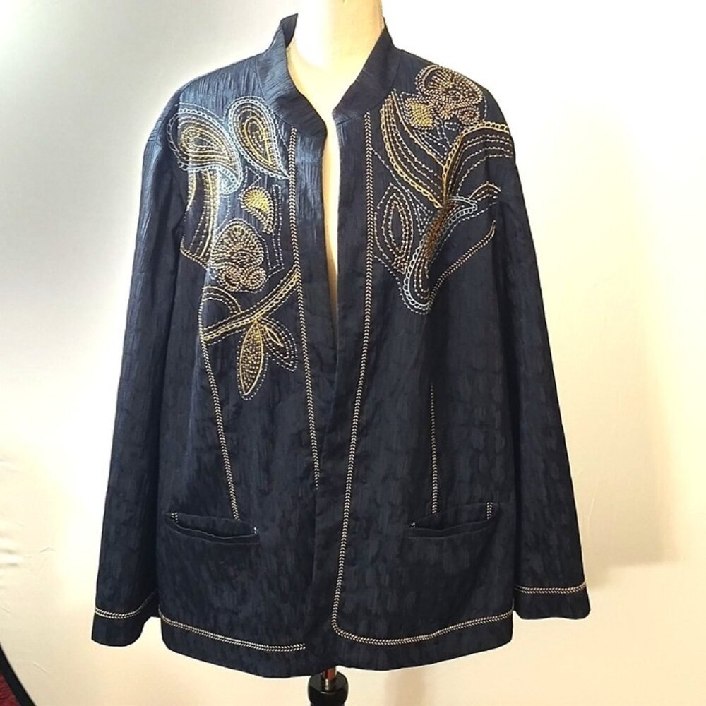 Alfred Dunner Womens Navy Embroidered Open Front Jacket Size 24W Polyester/Cotto